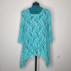 Paniz XL Turquoise Sheer Floral Lace Asymmetrical Sharkbite‎ Hankerchief Hem Top